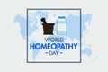 World Homeopathy day vector background design on global map.ÃÂ  Homeopathic medicine bottle sign and typography on white background